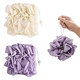 2-Pack 2-in-1 Loofah Soap Bar Holders, Drawstring Bath Sponge Washcloth Combos for Cleansing & Smooth Skin (Beige, Purple)