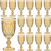 Wiwiqing 24 Pcs Plastic Goblets 7.5oz Vintage Goblet Plastic Wine Glasses Colored Retro Embossed Water Goblets for Wine Bar Juice Baby Shower Wedding Reception Grand Event Party (Amber)