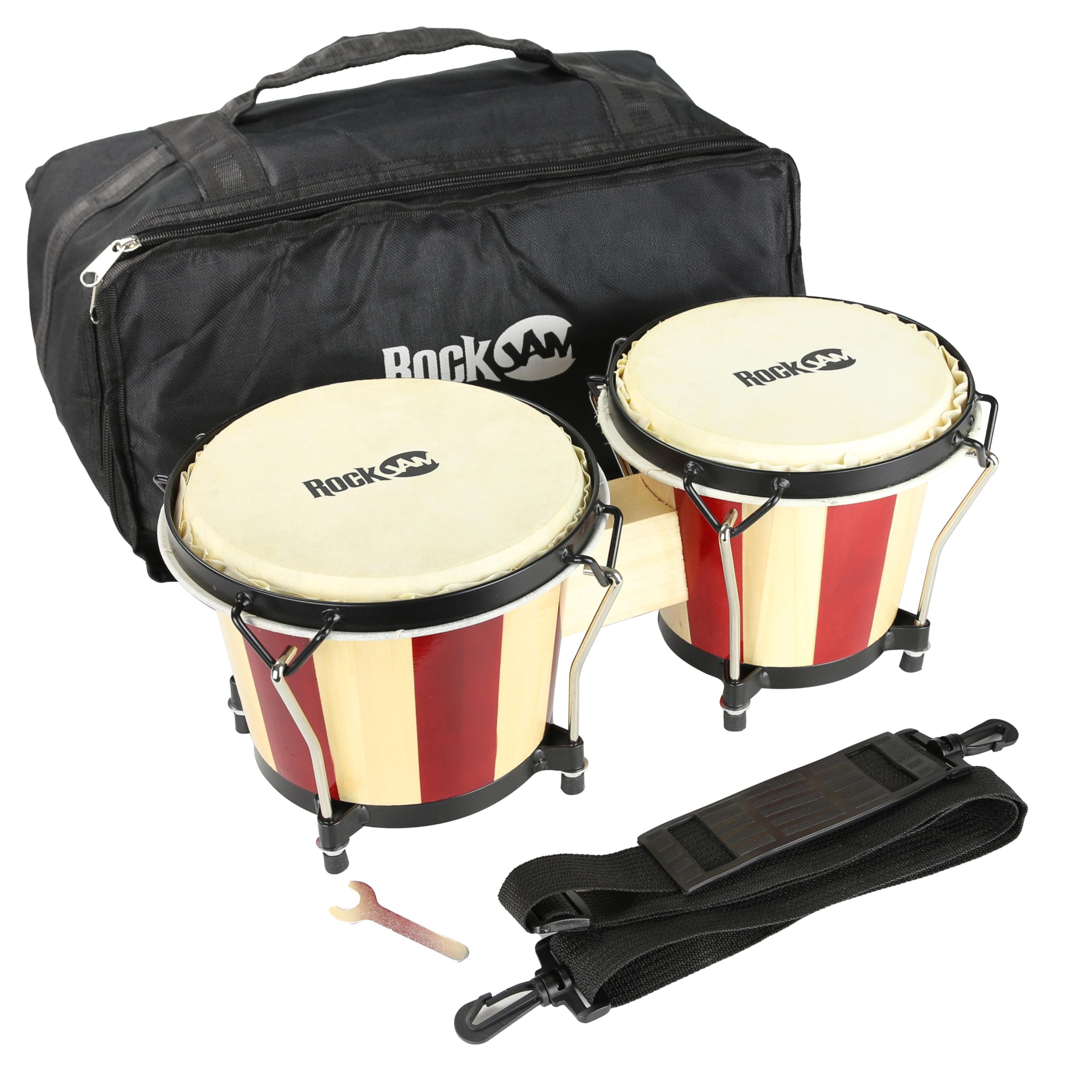 RockJam RJ-100301 7" and 8" Bongo Set with Padded Bag and Tuning Wrench Red and Natural Stripe(Design may vary)