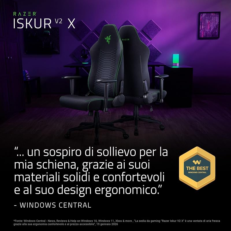 Iskur V2 X - Sedia da gioco essenziale con supporto lombare integrato (cuscini in schiuma sagomata ad alta densità, braccioli 2-D, tessuto con finitura morbida) Nero