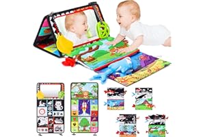 Hamino 3 in 1 Baby Tummy Time Mirror Toys, Black and White High Contrast Baby Toys with Crinkle Cloth Book Shark Doll Teether Montessori Brain Development Newborn Baby Sensory Toys 0 3 6 12 Months