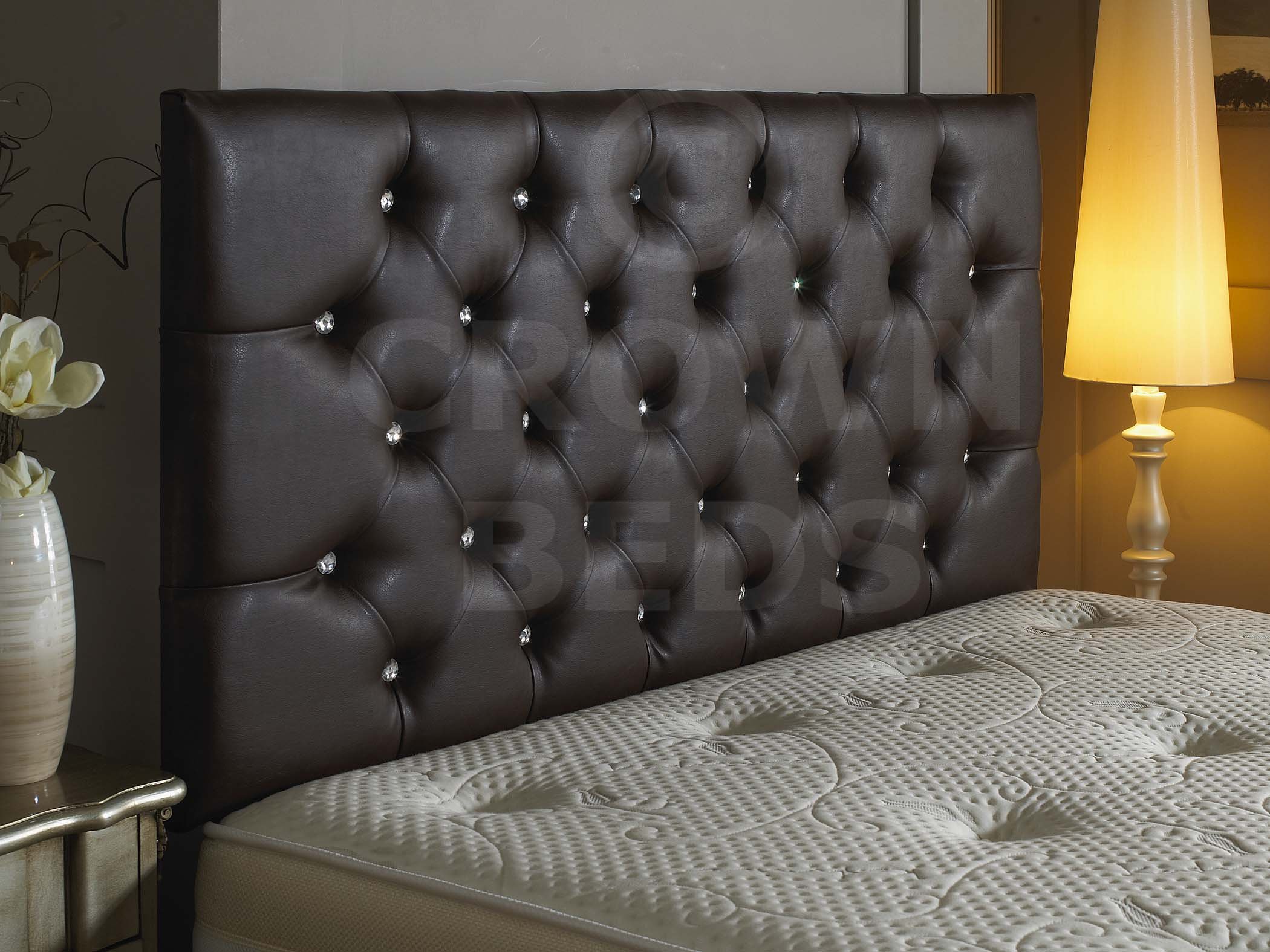 DIAMANTE FAUX LEATHER HEADBOARD (BROWN, 6FT)