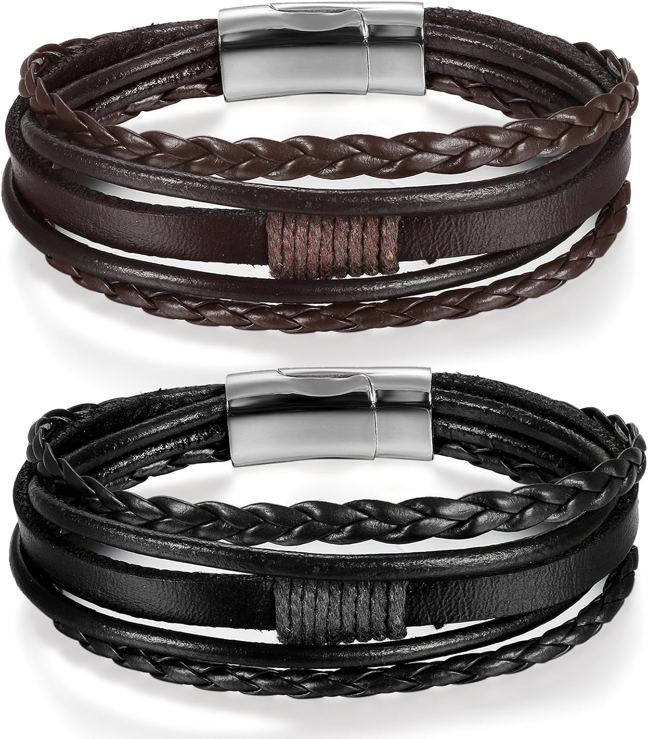 JewelryWe Jewelry Bracelets Man Biker, Casual Leather Braided Bracelet with Magnetic Closure, Retro Vintage Original Gift for Man, Black Brown