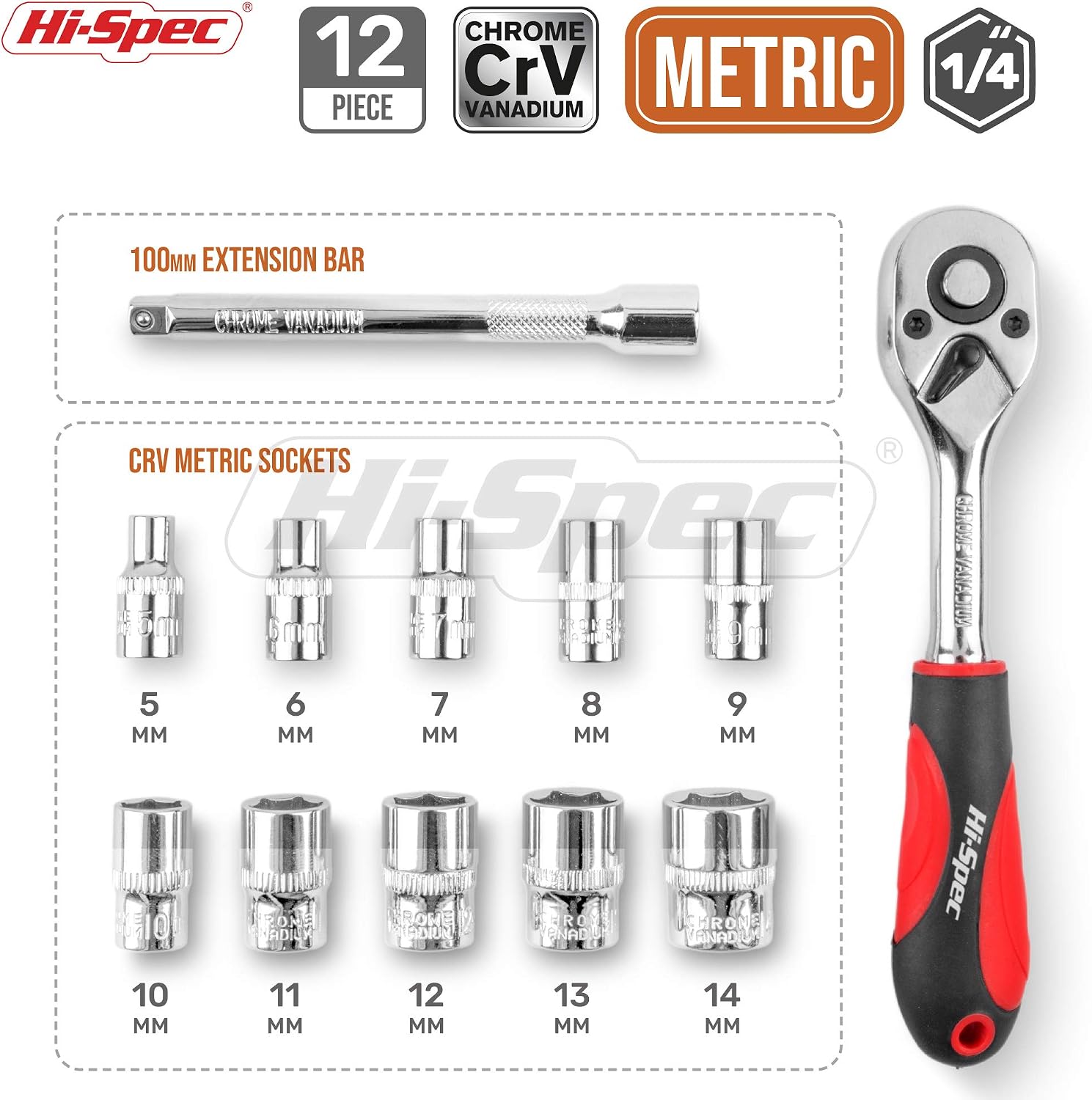 Hi-Spec 12pc 1/4 inch Metric Socket Set including Ratchet Wrench & Extension Bar. Home DIY and Car Garage Mechanic 5 to 14mm Ratchet Socket Tool Set - Image 3