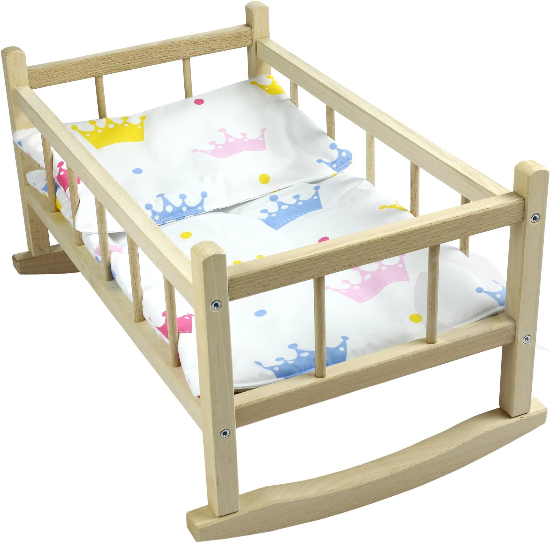 NEW LARGE WOODEN ROCKING BED COT Fits Up to 46cm 18" Doll (crown)
