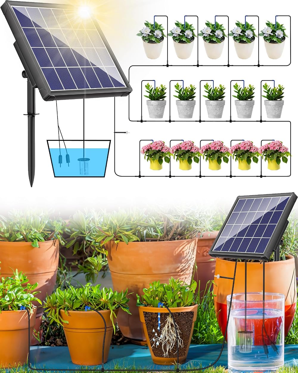 Biling Solar Automatic Watering System 15 Drippers 6 Modes IP67 Garden Kit