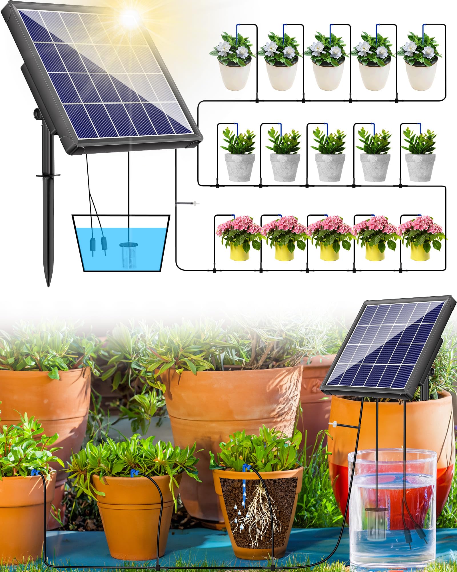 Biling Solar Automatic Watering System, 15 Drippers Solar Powered Irrigation System 6 Modes Solar Drip Irrigation System Kit for Pot Plants Greenhouse, Garden, Terrace Waterer Outdoor Plant