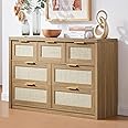 OAKHAM HOME 7 Drawers Dresser, Rattan Dresser TV Stand for Bedroom Closet, Wood Chests of Drawers with Metal Handle and Wide Drawers, 52.76" W x 17.71" D x 31.69" H