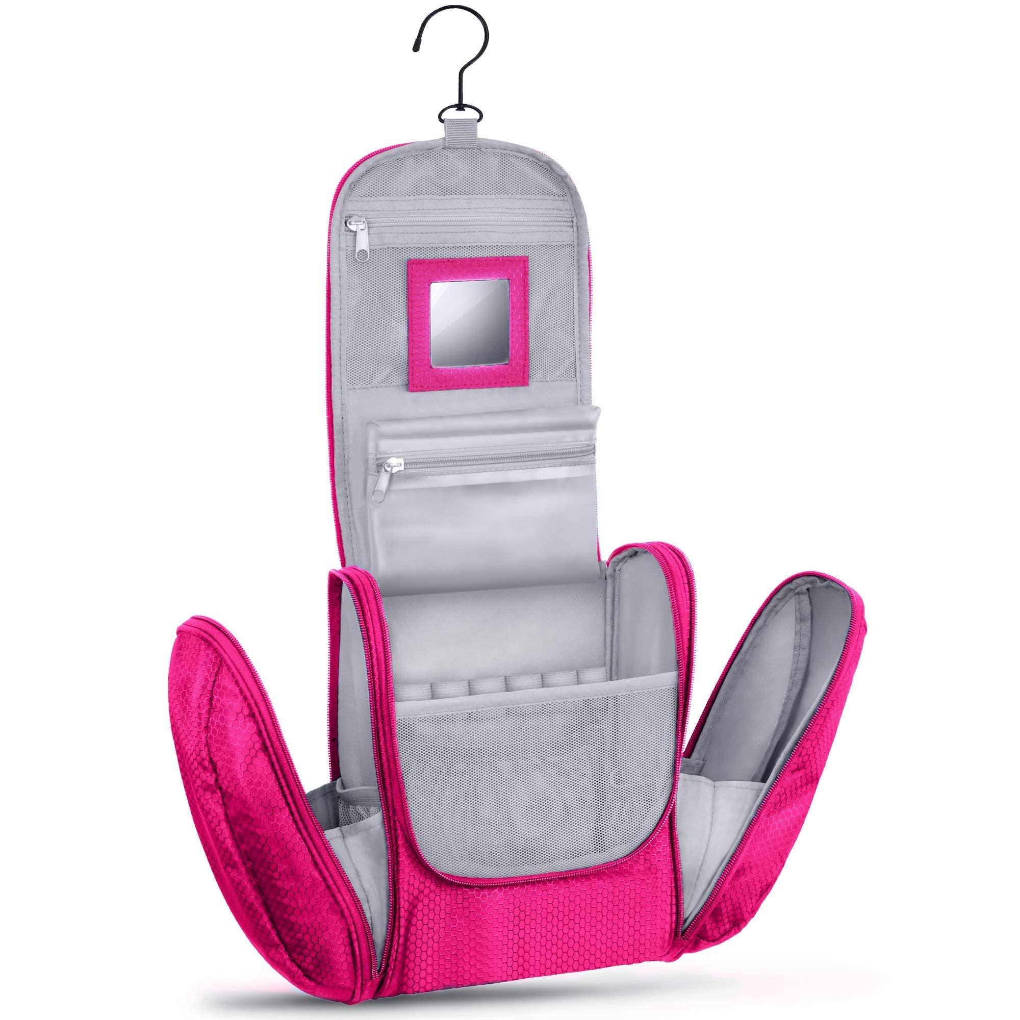 KRONIFY Premium Large Hanging Toiletry Bag with Mirror | Makeup Bag for Men and Women | Beauty Bag for Women | Spacious Wash Bag with Hook, Pink, XXL, Casual