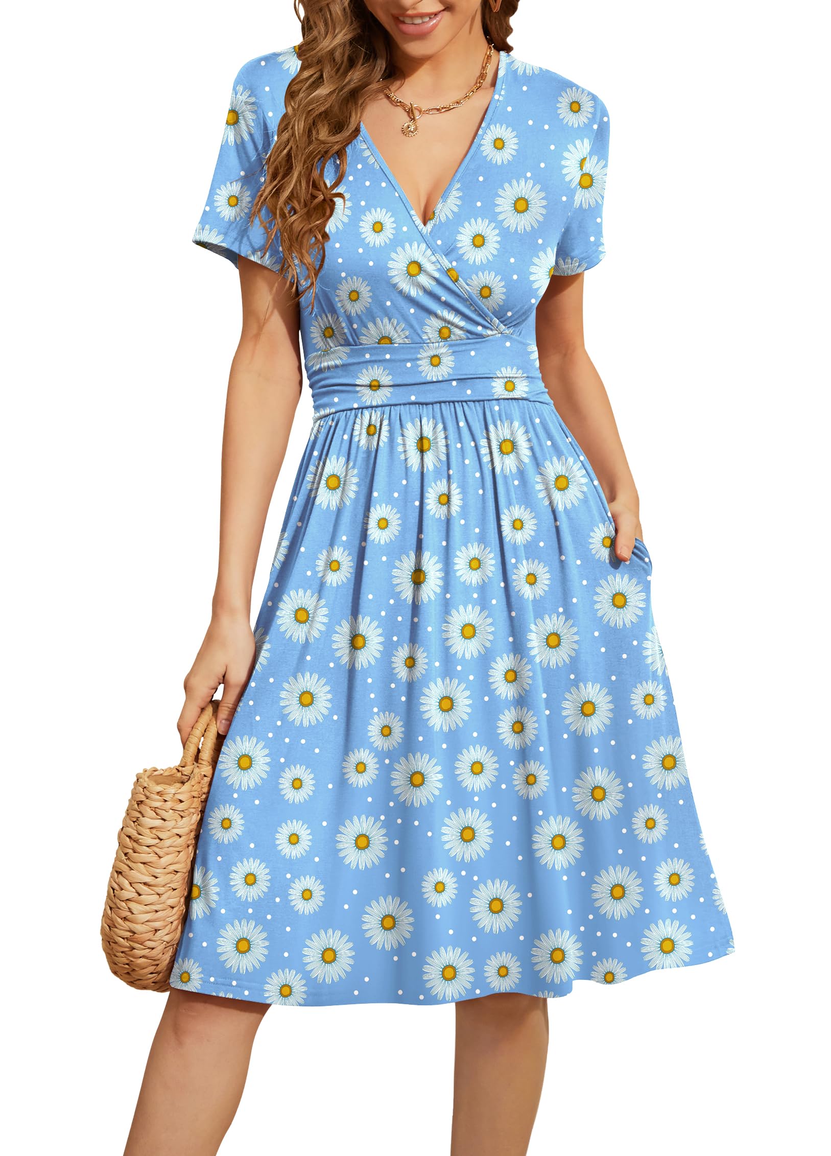 Photo 1 of WEACZZY Womens Summer Casual Dress Short Sleeve V-Neck Knee Length Dresses for Women,Floral Daisy Blue,XXL