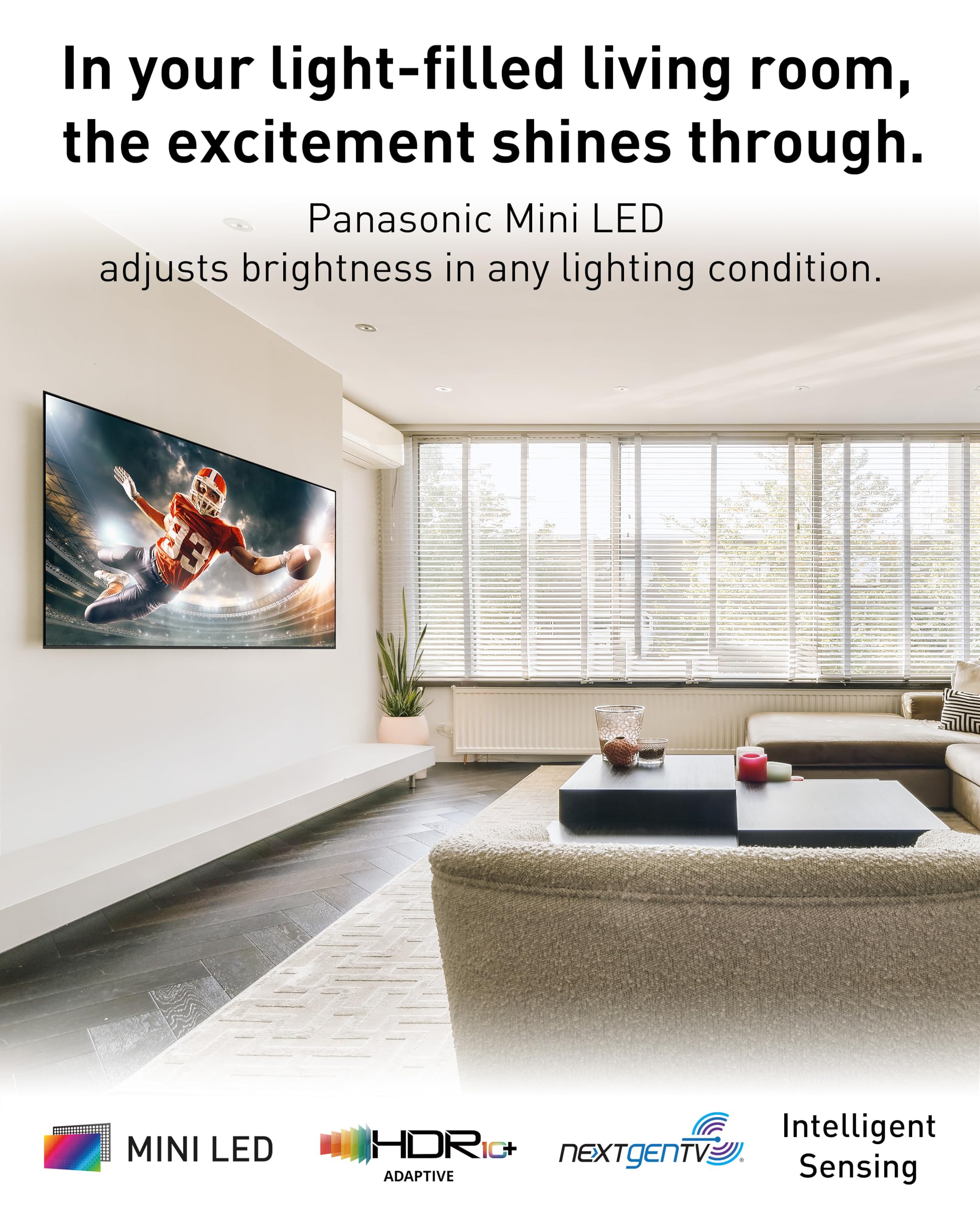 Panasonic W95 Series 55-inch Mini LED 4K Ultra HD Smart Fire TV, Sport Stadium Mode, ATSC3.0, Dolby Vision IQ, Dolby Atmos, HDR10+ Adaptive, Press and Ask Alexa, 144Hz, Wall-mountable - 55W95AP