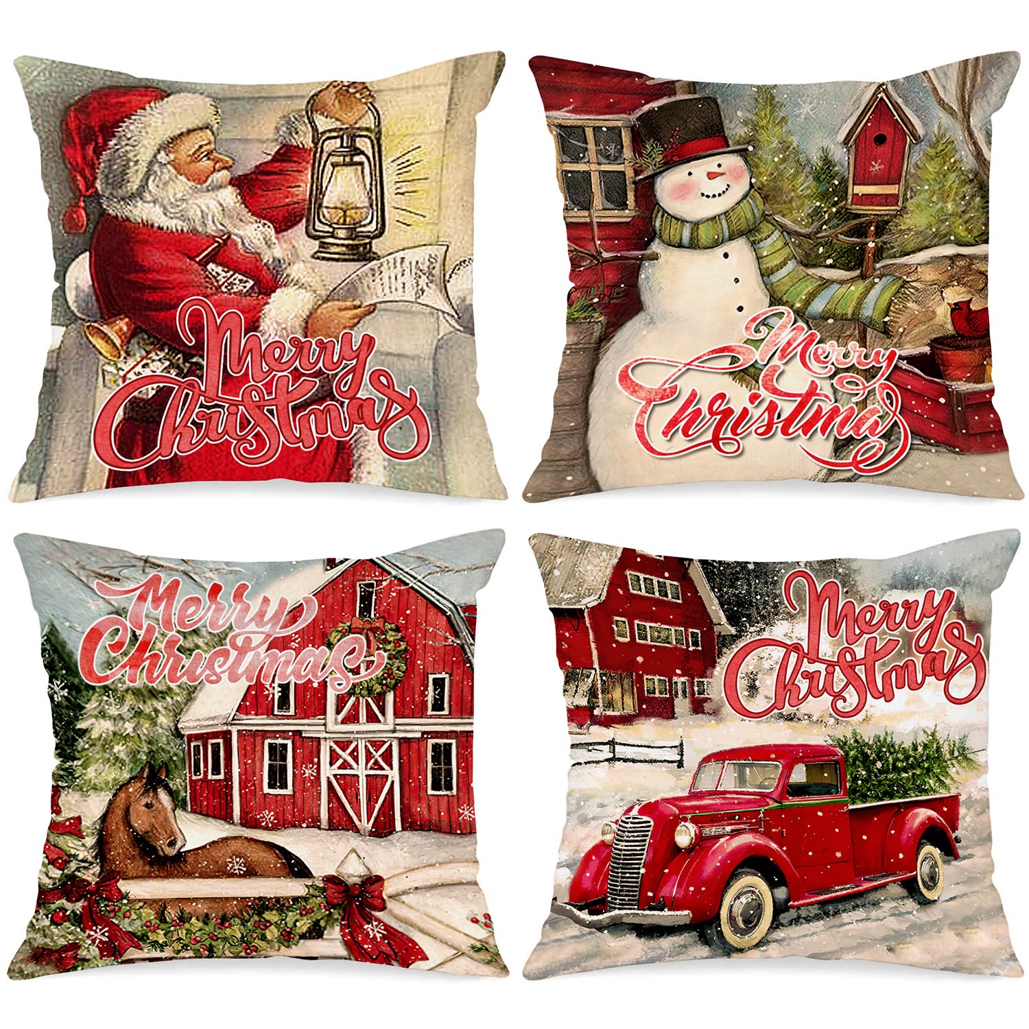 Lanpn Vintage Merry Christmas Cushion Covers 50x50 Set of 4, Decorative Retro Santa Xmas Throw Covers Pillow Cases 20x20 for Home Bedroom Room Holiday Couch Decor Decorations