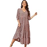 Beautiful Nomad Women's Casual V Neck Boho Dress Puff Sleeve High Waist Floral Smocked Flowy Ruffle Midi Dresses