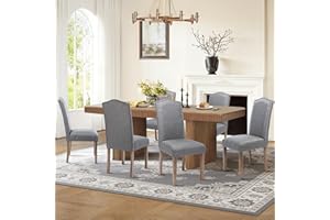 SNUGWAY Upholstered Dining Chair Stylish Parsons Kitchen with Silver Nailhead Trim & Wood Legs, 6-Pack, Fabric Classic Grey