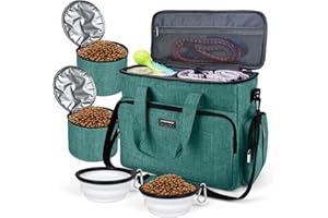 BAGLHER Dog Travel Bag, Airline Approved Pet Tote Organizer with Multi-Function Pockets, 2 X Food Storage Containers and 2 X Collapsible Bowls, Perfect Weekend Pet Travel Set for Dog, Cat Green