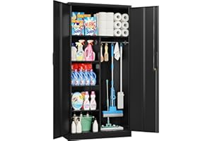 Wide & Deep Metal Storage Cabinet with Hanging Rod,Black Broom Closet Storage Cabinet with Lock,72" Tall Wardrobe Cabinets wi