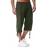HangNiFang Men's Long Linen Shorts Below Knee Pocketed 3/4 Summer Drawstring Capri Pant