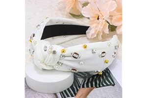 White Football Headband Pearl Rhinestone Jeweled Knotted for Girl's Fashion Cute Wide Headband for Game Day