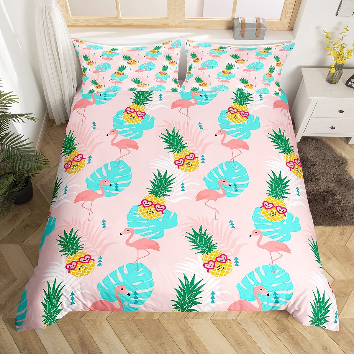 Homemissing Golden Pineapple Bedding Set for Kids Girls Boys Pink Flamingos Comforter Cover Tropical Animal Palm Leaves Duvet Cover Summer Natural Bedding & Linen Double Size