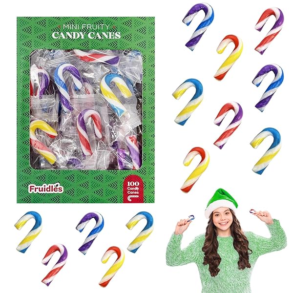 FRUIDLES CHRISTMAS CANDY CANES MINI’S SUCKERS, MULTICOLORED FRUITY FLAVOR, INDIVIDUALLY WRAPPED, 2″ INCH, NET WT 4.42OZ (125G) (100-PACK)