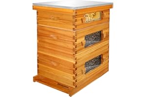 Honey Lake Bee Hive with Windows, 10 Frame Langstroth Complete Beehive Starter Kit Dipped in Beeswax with Beehive Frames and Waxed Foundations (2 Deep Brood Bee Hive Box & 1 Medium Super Bee Box)