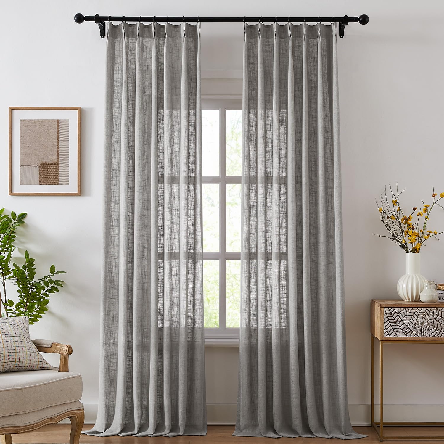 Swandream Pinch Pleated Linen Curtains for Living Room, Light Filtering Sheer Curtains 90 inches Long, Farmhouse Natural Pinch Pleat Drapes, Semi Sheer Window Grey Curtain with Hooks 2 Panels