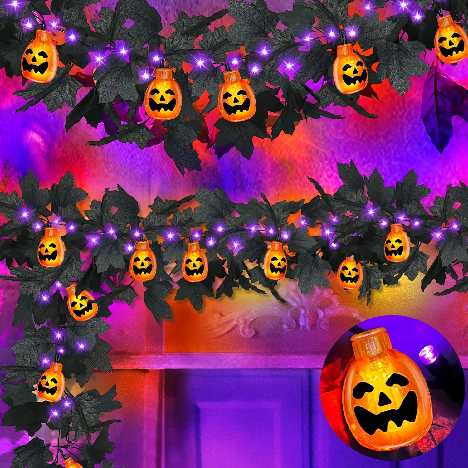 Wreaths, Garlands & Swags - [Purple & Orange Lights] 2 Pack Black Halloween Garland with 20 3D Pumpkin Lantern Halloween Decorations Total 13Ft 40LED Large Small Black Maple Leaf Light Hanging Garland Decor Home Indoor Fireplace