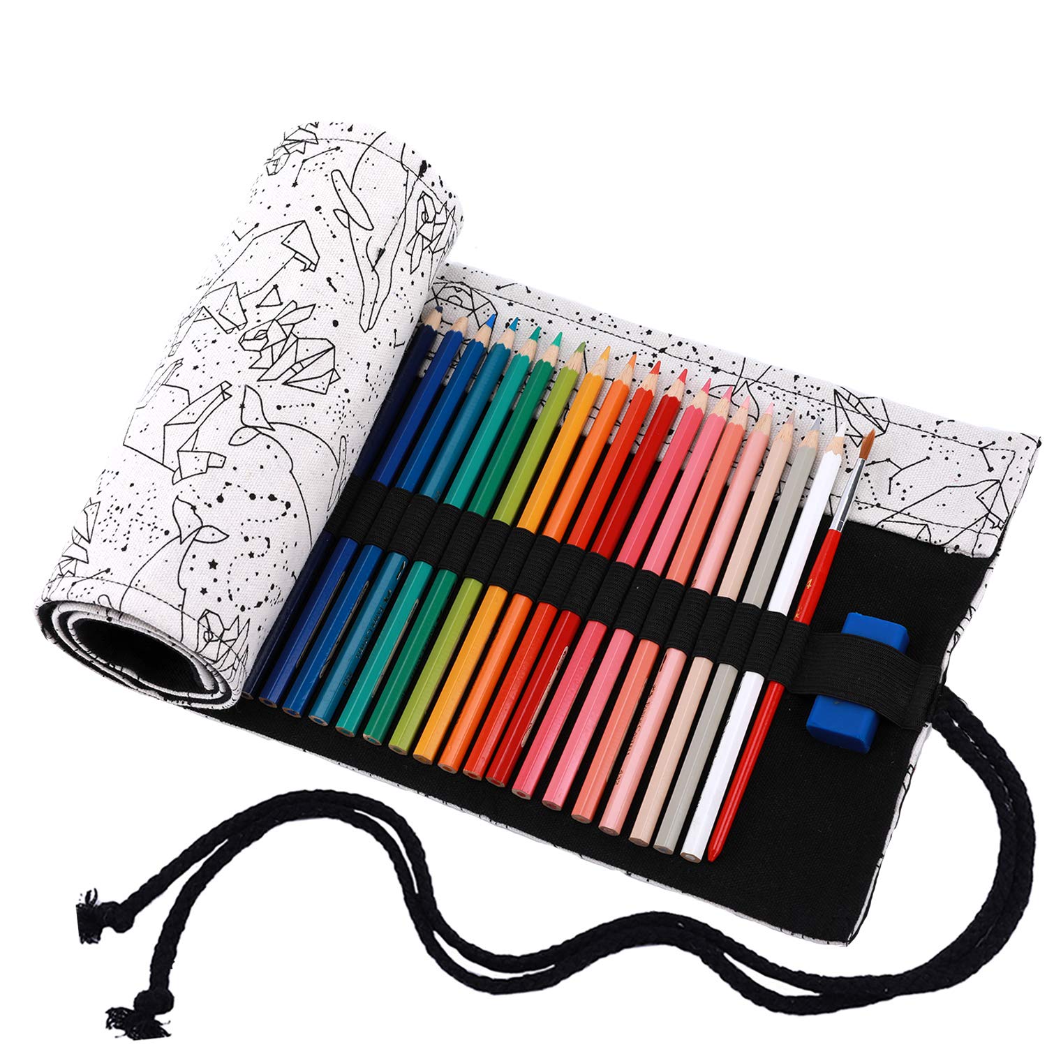 Amoyie Hand Roll Up Pen Bag Canvas Organiser Bag for 48 Coloring Pencil Artist Pen Carrier Bag Pencil Wrap for Kid Adult