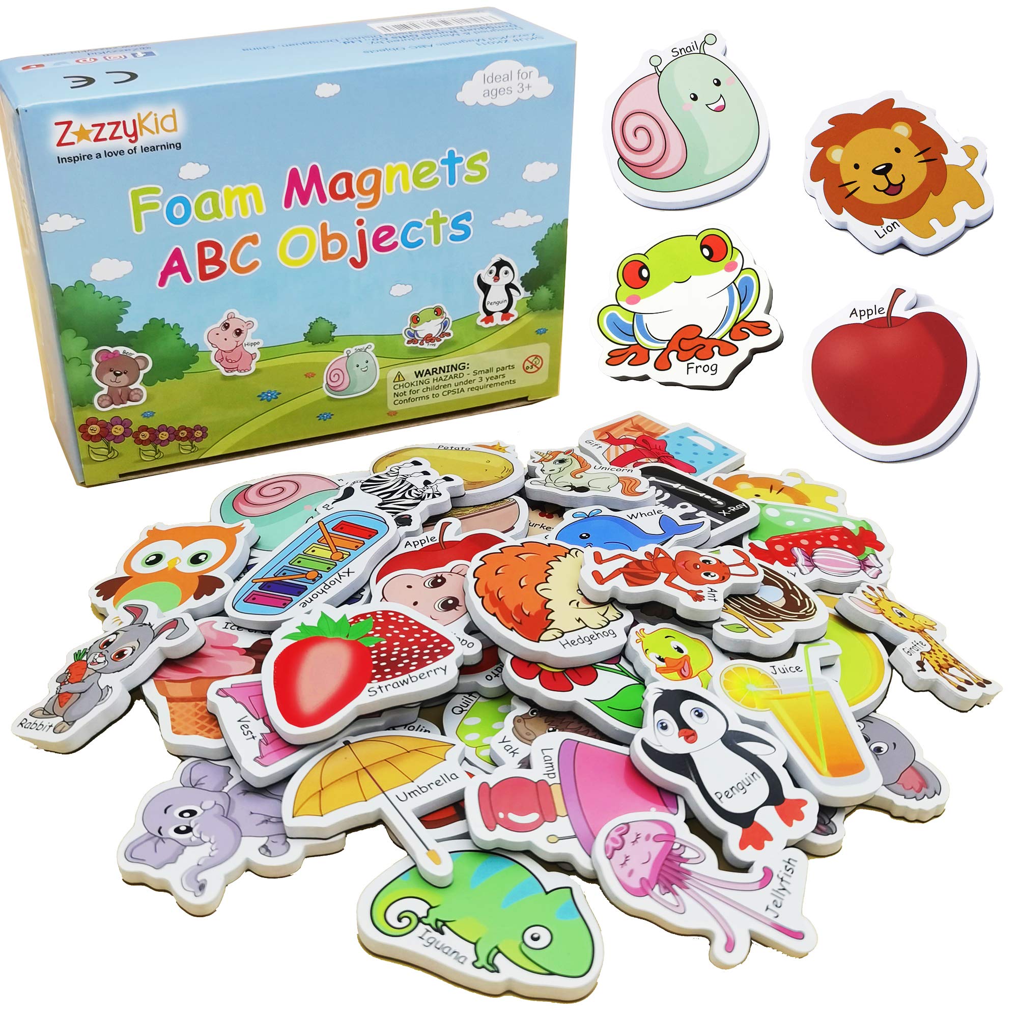 ZazzyKid Magnetic Foam Objects for Kids: 52 ABC Alphabet Toy Magnets for Early Education