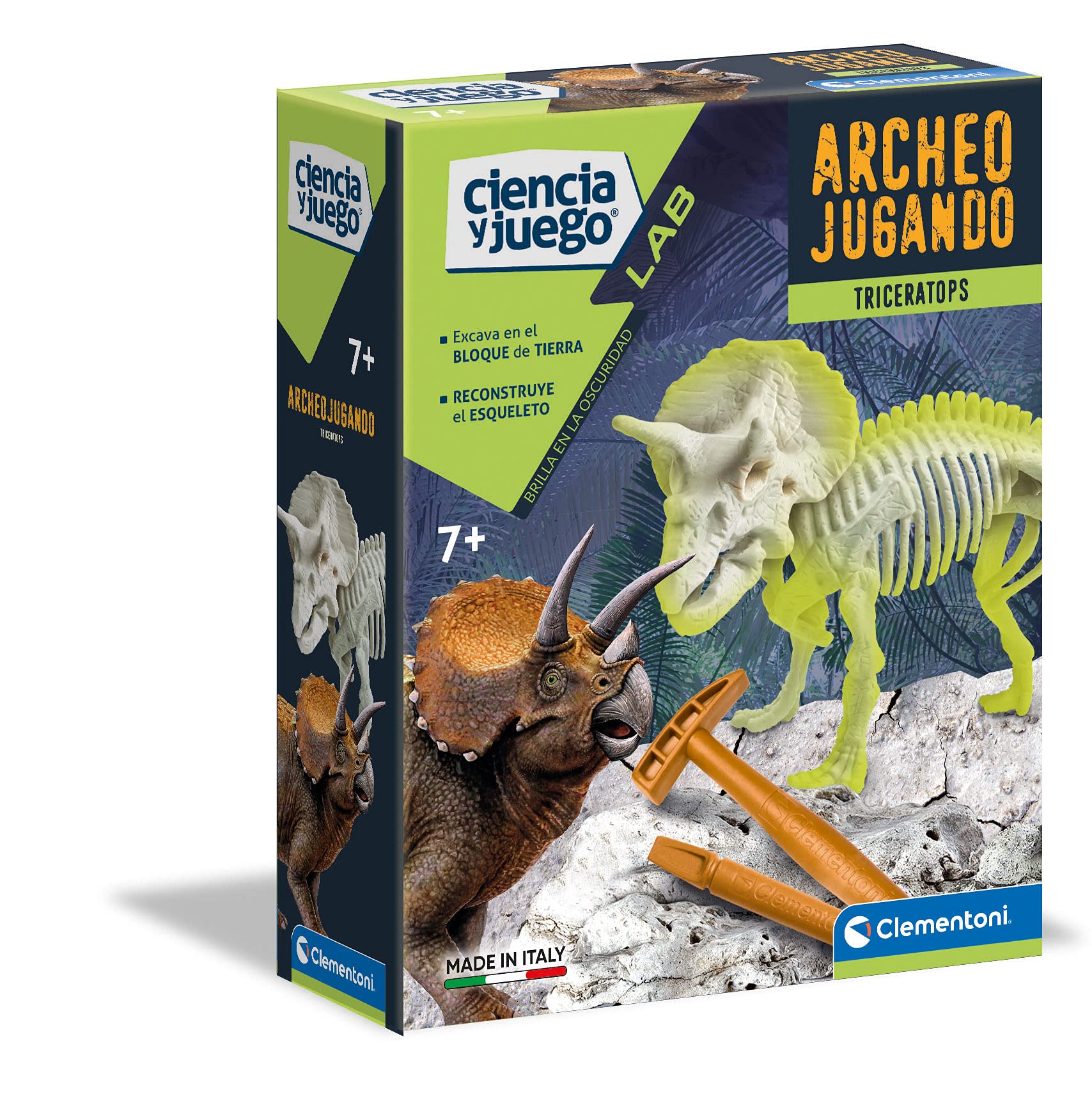 Clementoni - Archaeoplaying Triceratops Phosphorescent - Scientific Game for Digging and Riding Dinosaurs from 7 Years Old, Toy in Spanish (55031)