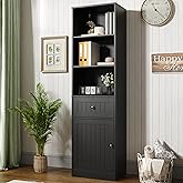 Furnify Farmhouse 71" Tall Bookshelf with Drawer, Narrow Bookcase with Adjustable Left/Right Door, Adjustable Shelf, Freestanding Display Book Shelf for Bedroom,Living Room, Office, Black