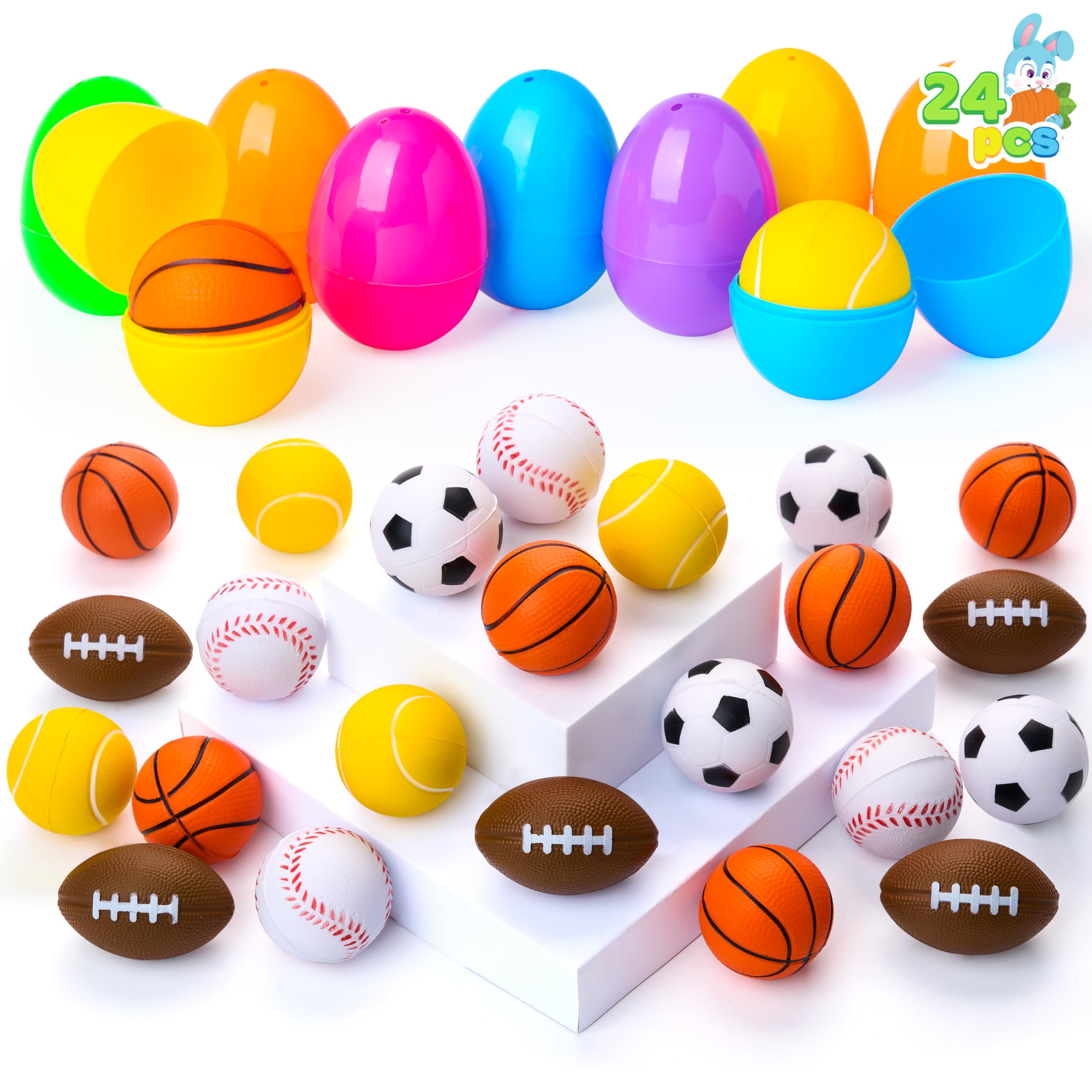 JOYIN 24 Pcs Pre-Filled Easter Eggs with Sports Stress Balls Squishy Toy, Football Basketball Soccer Baseballs Tennis Stress Relief Toy, Easter Egg Hunt, Basket Stuffer Filler, Kids Party Favor
