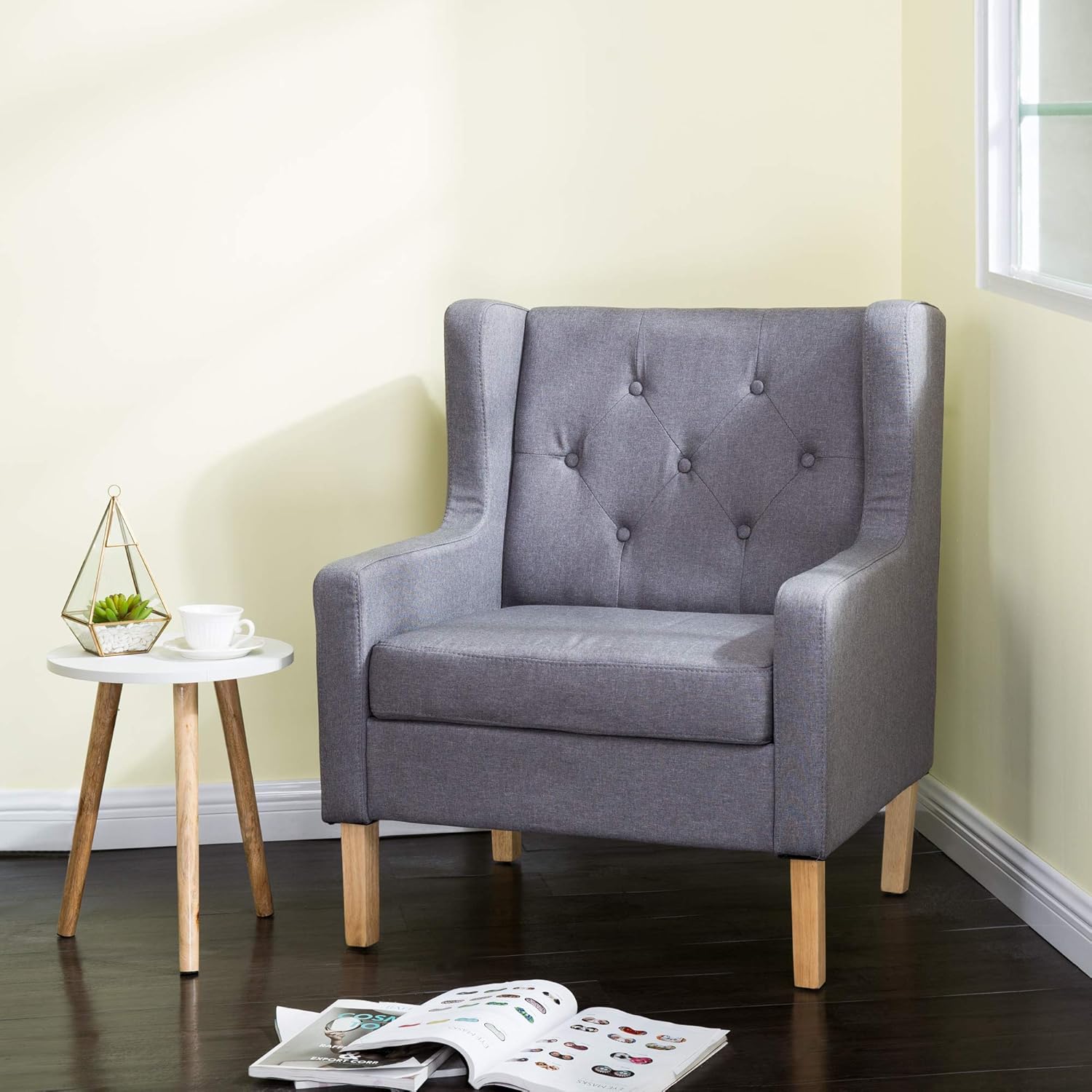 Homevibes Accent Chair Mid Century Modern Chair Tufted Chair Reading Chair Comfy Upholstered Leisure Sofa Loveseat Soft Arm Chair Wingback Club Chair