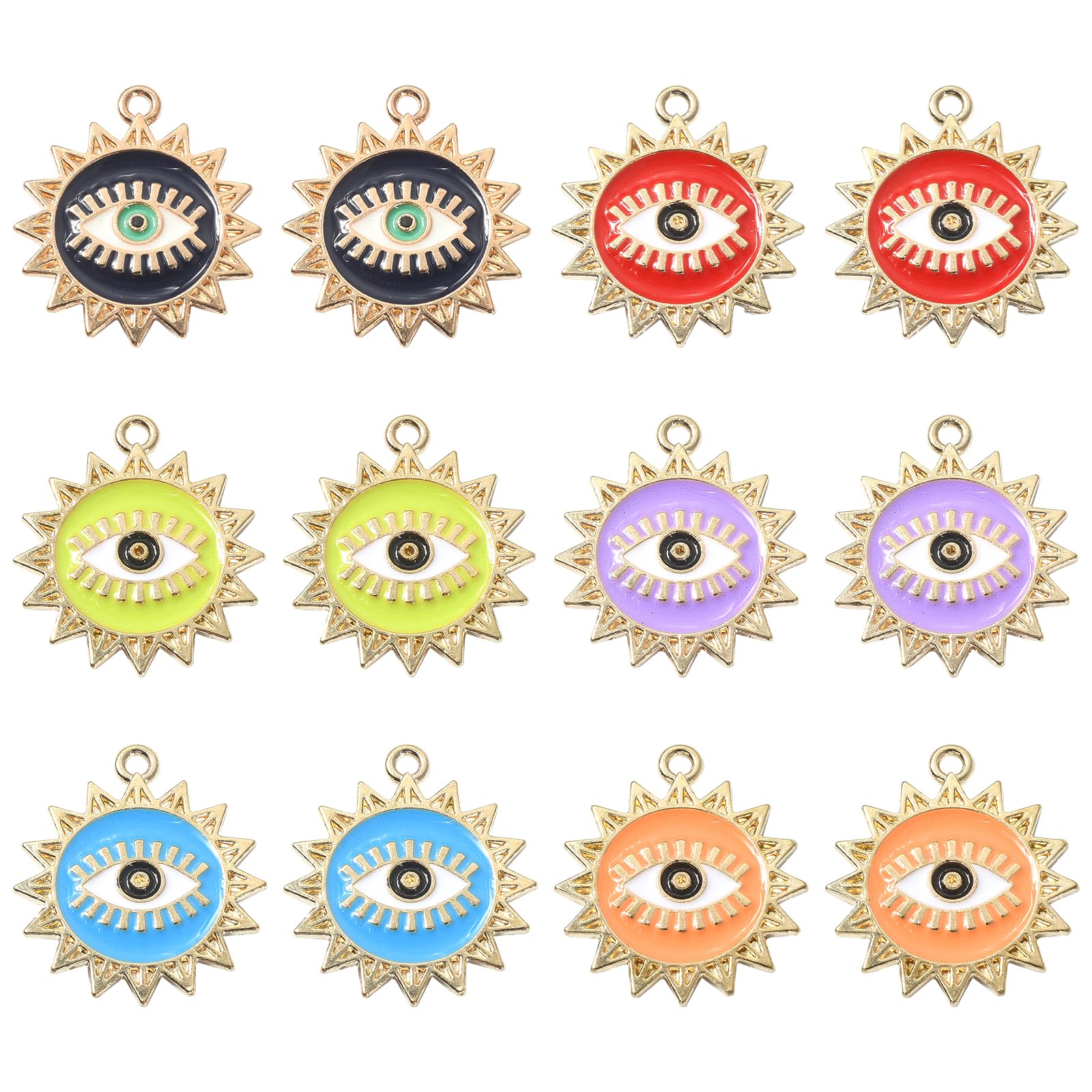 Stiesy 30Pcs 6 Colors Enamel Evil Eye Charms Colorful Sun with Evil Eye Charms Cute Horse Eye Charms for Jewellry Making DIY Crafts Bracelet