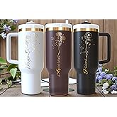 Valentinies 40 oz Tumbler with Holder for Women - Zodiac Signs Engraved, Personalized Gifts, Birth Flowers, Birthday & Bridesmaid Gifts, Travel Tumbler with Handle