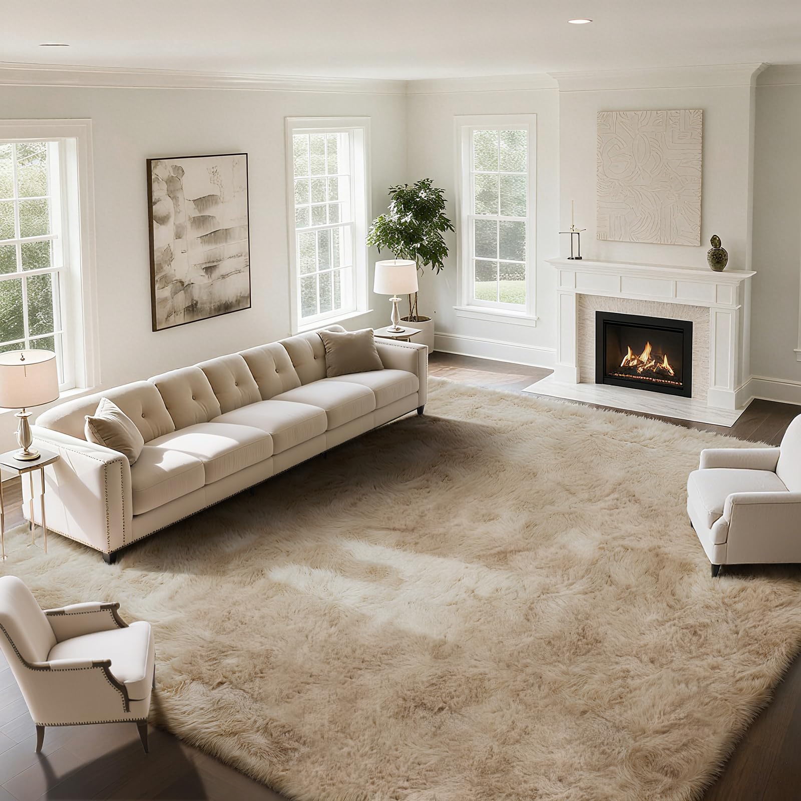 Photo 1 of yongyangjuxin Fluffy Rug Shaggy Area Rug, Beige 8x10 Area Rugs for Living Room, Large Shag Area Rugs for Bedroom Kids Room Home Decor, Upgrade Anti-Skid Rectangular Fuzzy Rugs