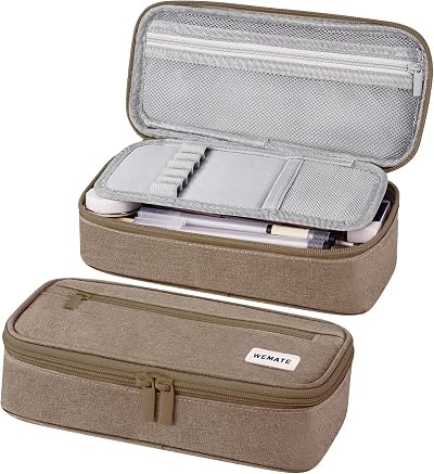 WEMATE Large Pencil Case 9x4.3x2.4in Big Capacity Canvas Organizer Brown