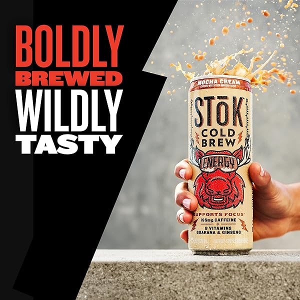 STOK COLD BREW ENERGY MOCHA CREAM, ENERGY COFFEE BEVERAGE WITH 195MG CAFFEINE TO HELP SUPPORT FOCUS, CANNED COFFEE WITH B-VITAMINS, GUARANA AND GINSENG, 11 FL OZ, 12PK