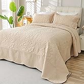 Cmfshape Oversized King Quilt Set Bedspread 128x120-Beige California King Quilts 3 PCS-Lightweight Quilted Bedding Extra Large-Floral Coverlet for All Season