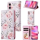 UEEBAI Wallet Case for iPhone 16, PU Leather Phone Cover Kickstand RFID Blocking Flip Case Card Slots Wrist Strap Relief Engraved Pattern Magnetic Closure Flower Folio Wallet, Purple Rose