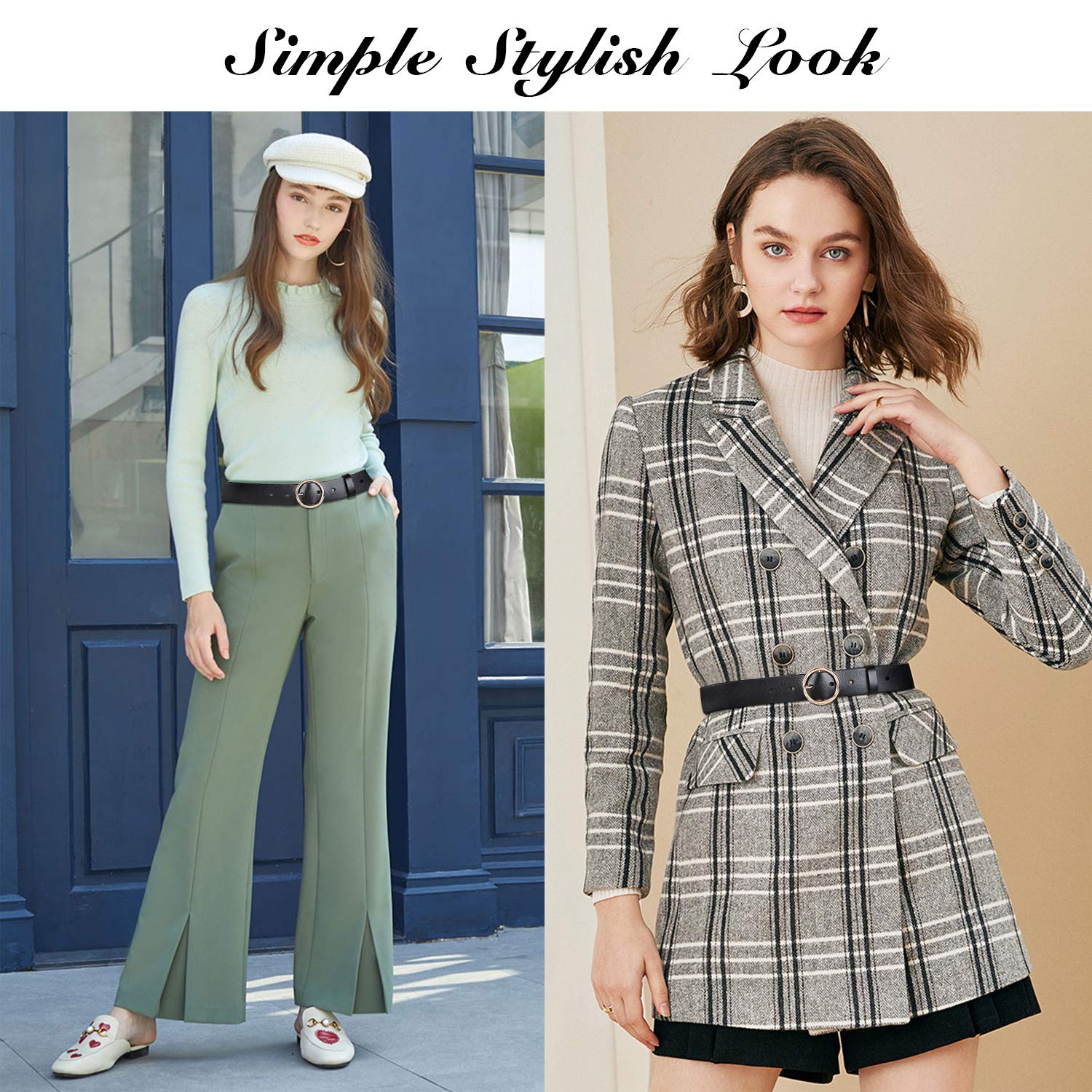 Ladies Leather O Ring Belt for Jeans Dress with Golden Round Buckle(Suit for waist size 36-40 Inches, black)