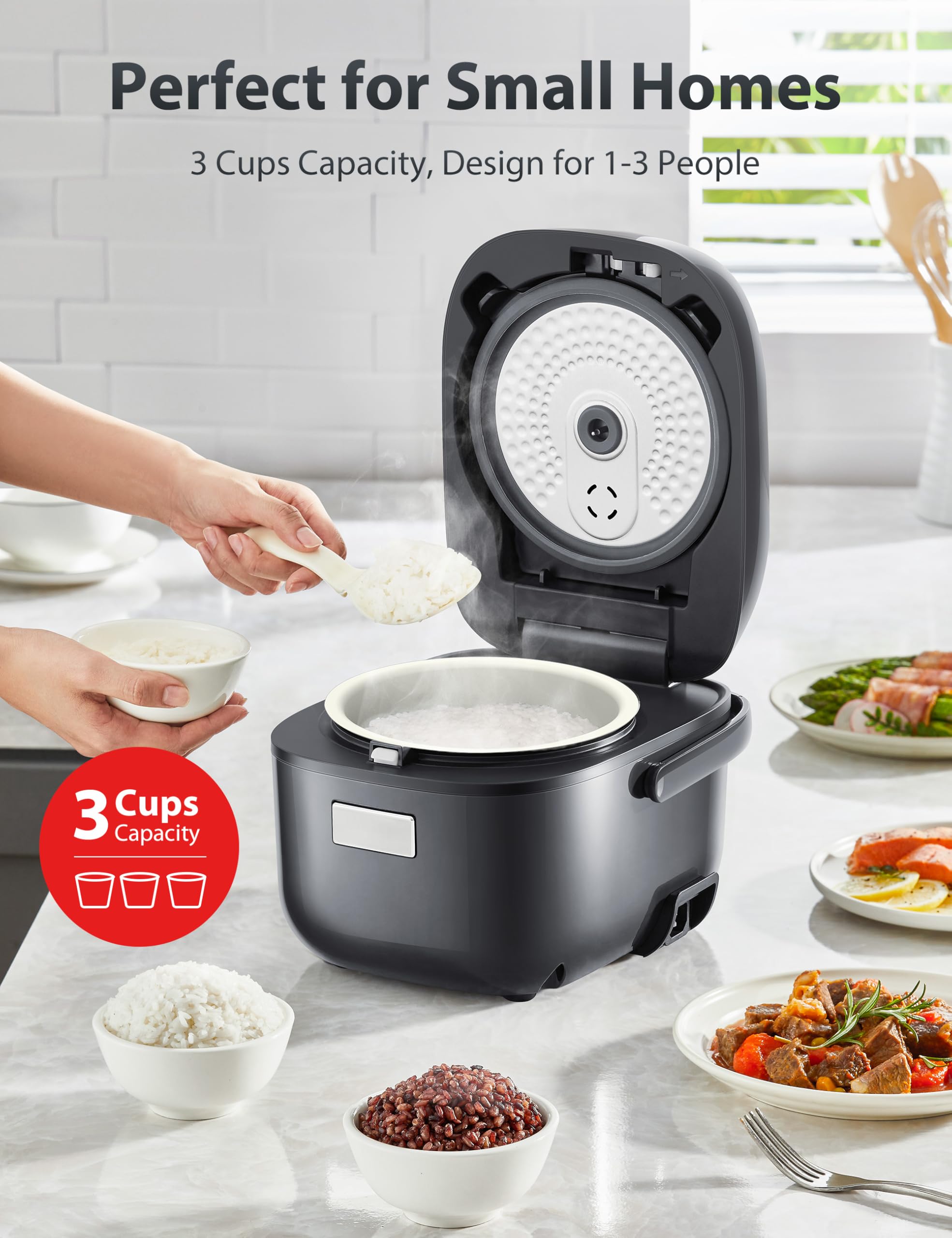 TOSHIBA Rice Cooker Small 3-Cup Uncooked– LCD Display with 8 Cooking Functions: Rice, Oatmeal, Mixed Grains and More, NonStick Inner Pot, Grey