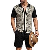 COOFANDY Men's 2 Piece Outfit Vintage Short Sleeve Button Down Knit Polo Shirts Casual Beach Shorts Sets