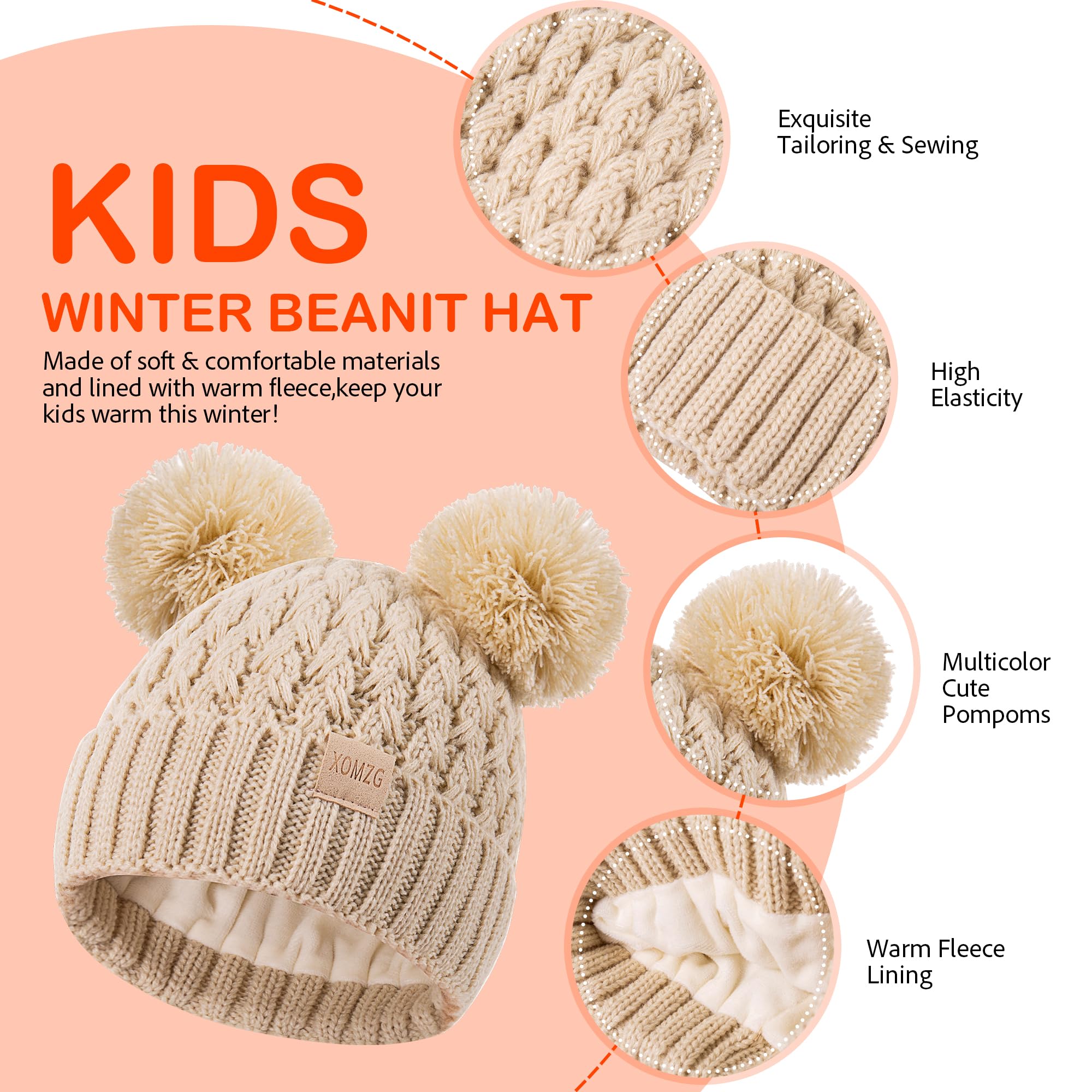 Toddler Winter Beanie Hat, Infant Winter Warm Knit Fleece Lined Cap for Girls Boys with Pom Pom for 0-36 Months 2 Packs