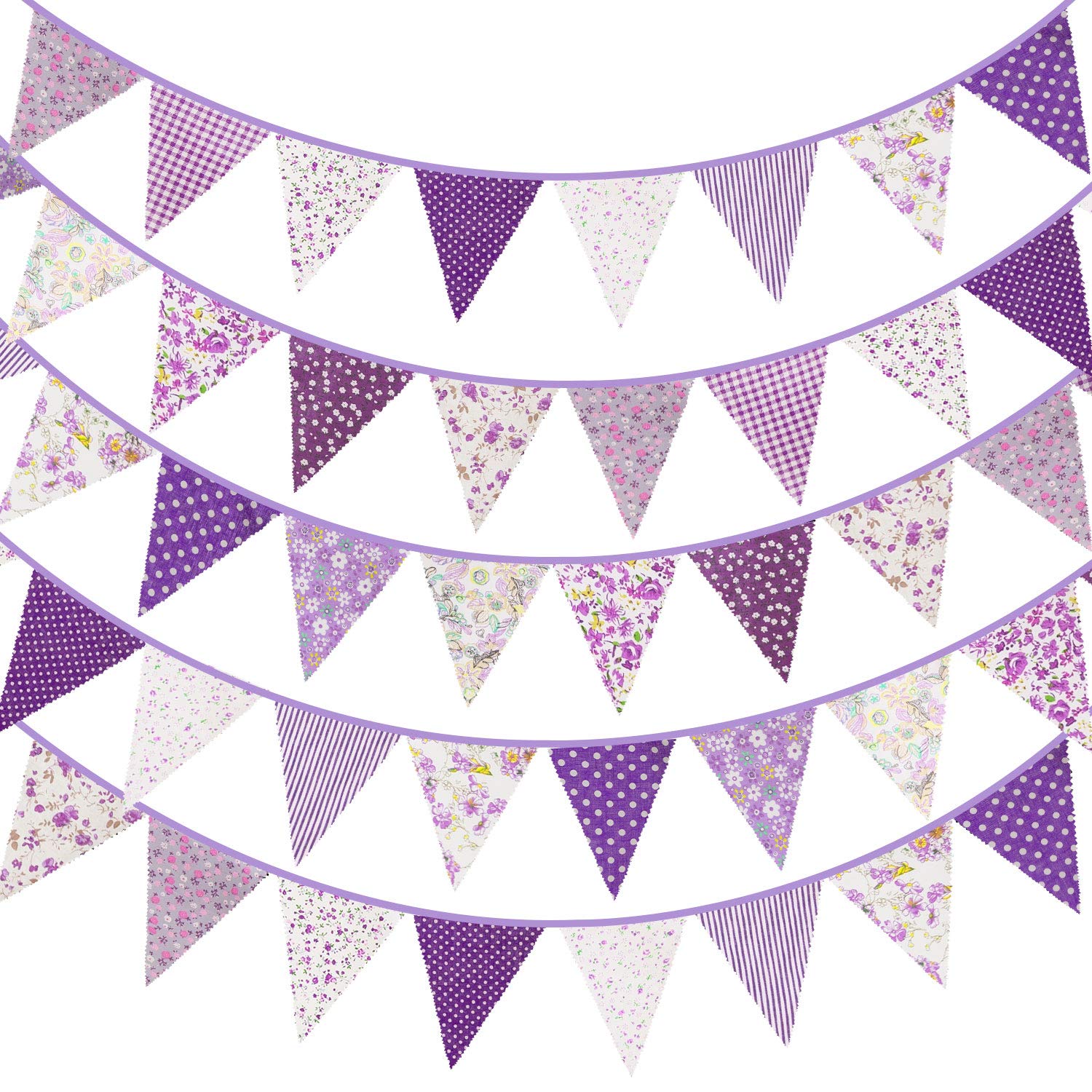 Whaline 40ft Fabric Bunting Banner Purple Floral Vintage Bunting Flags Reusable Cotton Triangle Flag Garland with 42pcs Pennants for Baby Shower Garden Wedding Birthday Party Decoration