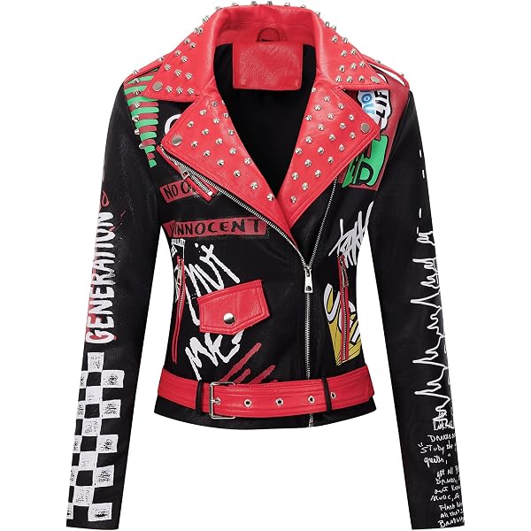 DARKSHE Women's Faux Leather PU Jacket, Graffiti Studded Rivet
