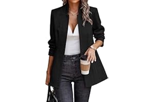 ELLEVEN Women’s Open Front Herringbone Blazer-Business Casual Long Sleeve Work Jacket with Full Lining and Padded Shoulders