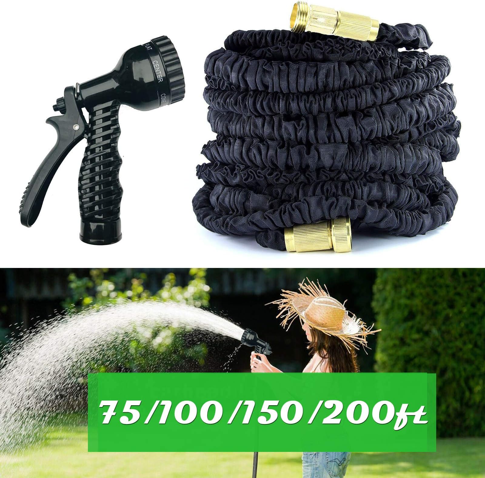 Bowose200FT Garden Hose Expandable Pipe with Solid Brass Fittings Prevent Leaking 7-pattern Spray Gun for Plant Watering Car Pet Washing