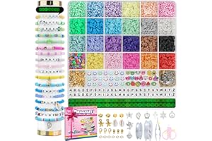 LZOUOWO 6100 Polymer Clay Beads for Bracelets Making Aesthetic Kit 24 Colors Flat Heishi Beads for Jewelry Making DIY Set with Letter Beads, Smile Face Beads and Charms for Cretive Gift