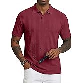 JMIERR Mens Polo Shirt Textured Short Sleeve Summer Button Collar Knitted Golf Polos